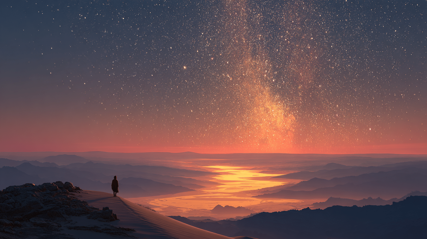 A lone traveler on a luminous path crossing desert into a vibrant Eden valley