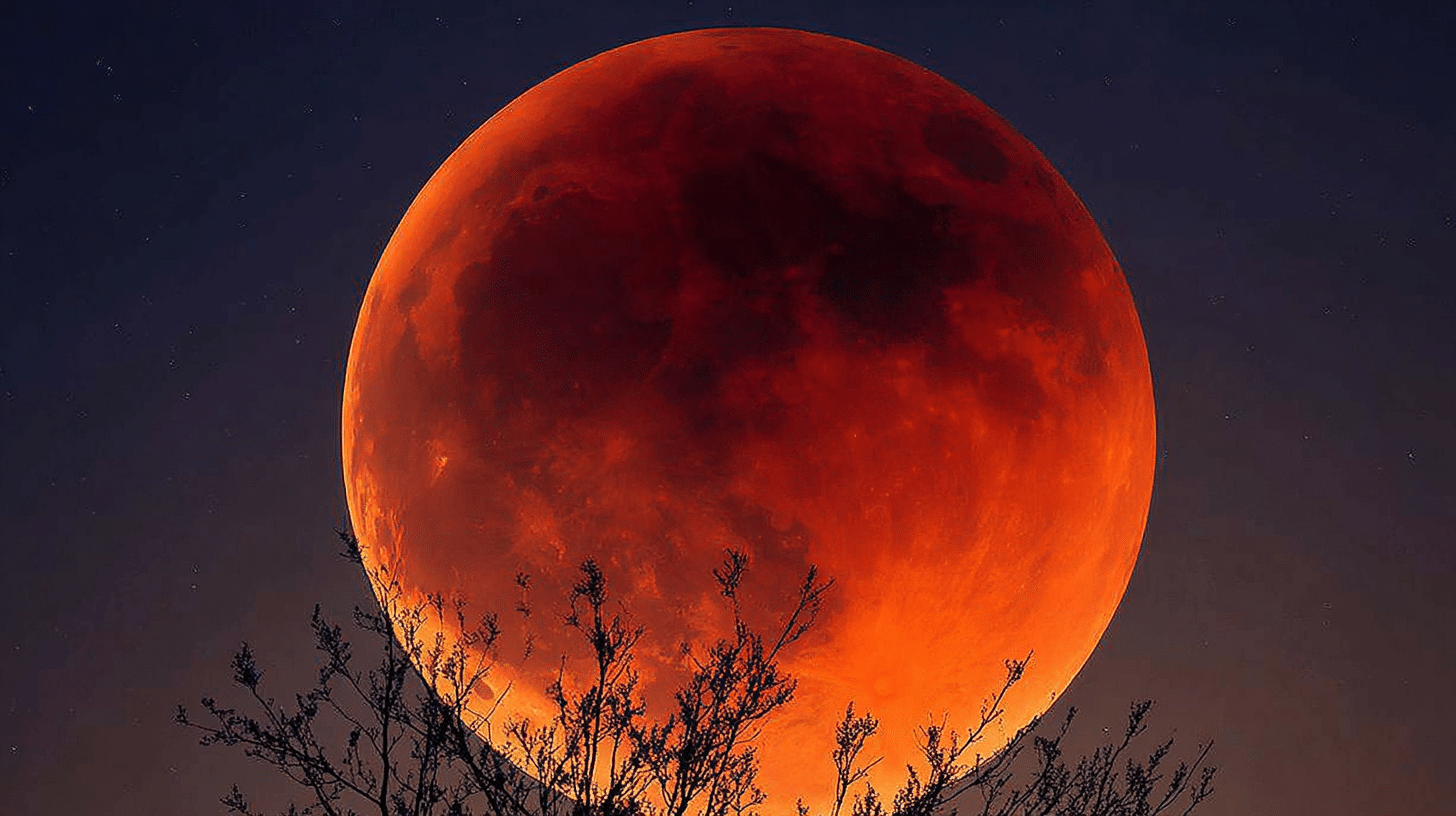 blood red total lunar eclipse clear starry sky cinematic glow