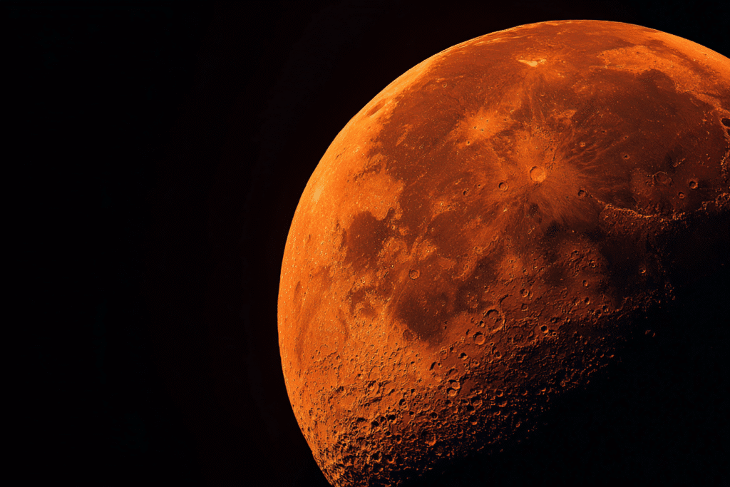 telephoto close-up of a red moon with sharp craters, deep black sky, high contrast, minimal noise