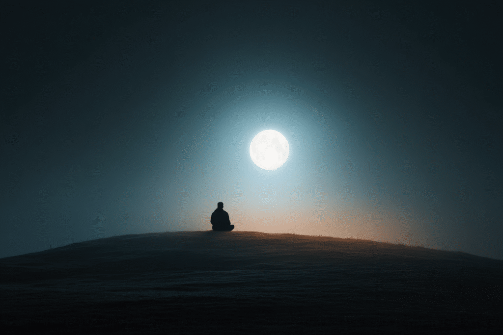 silhouette meditating on a hill beneath a bright supermoon, 
