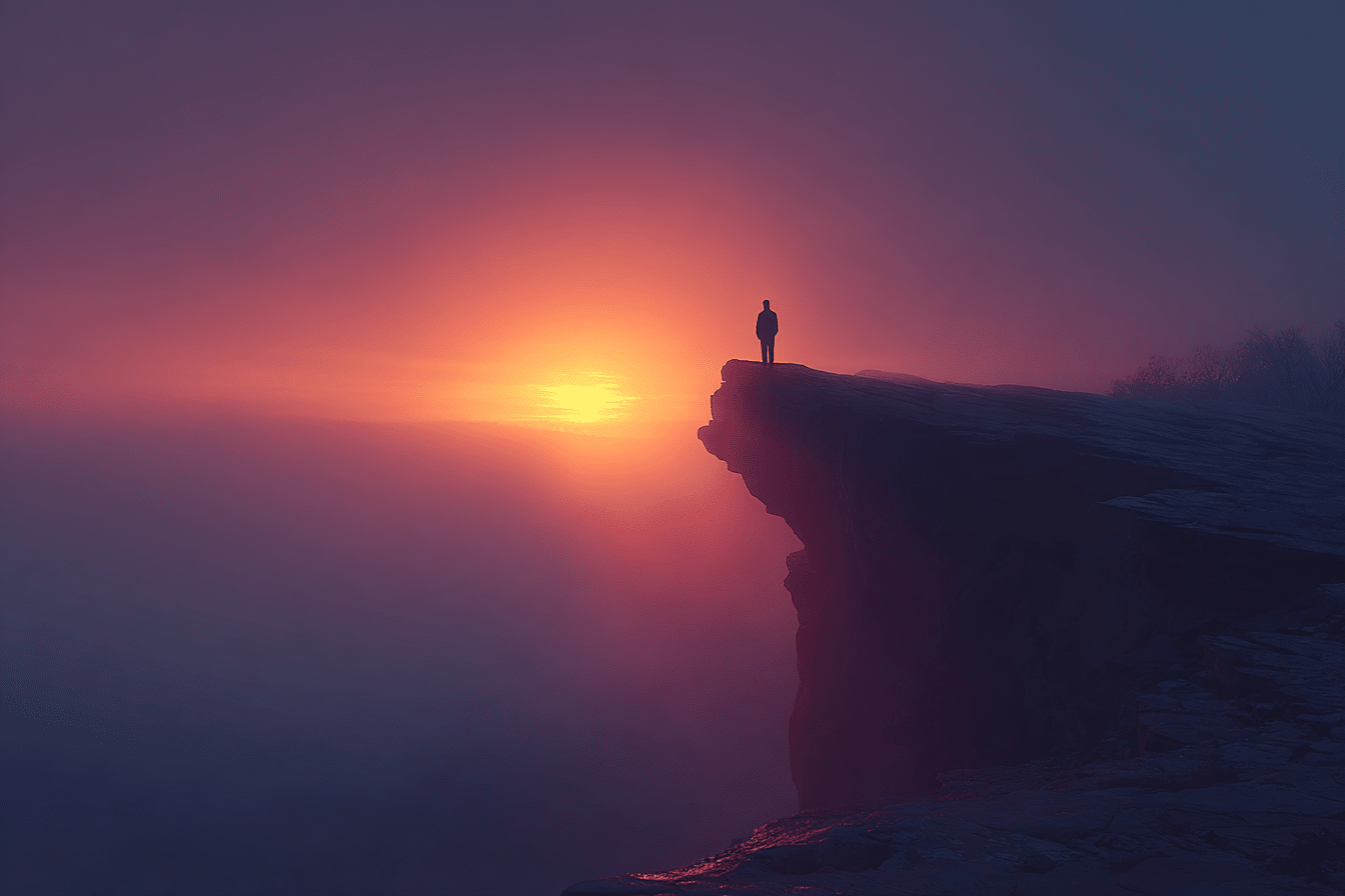 sunrise over a cliff with a lone figure facing the light