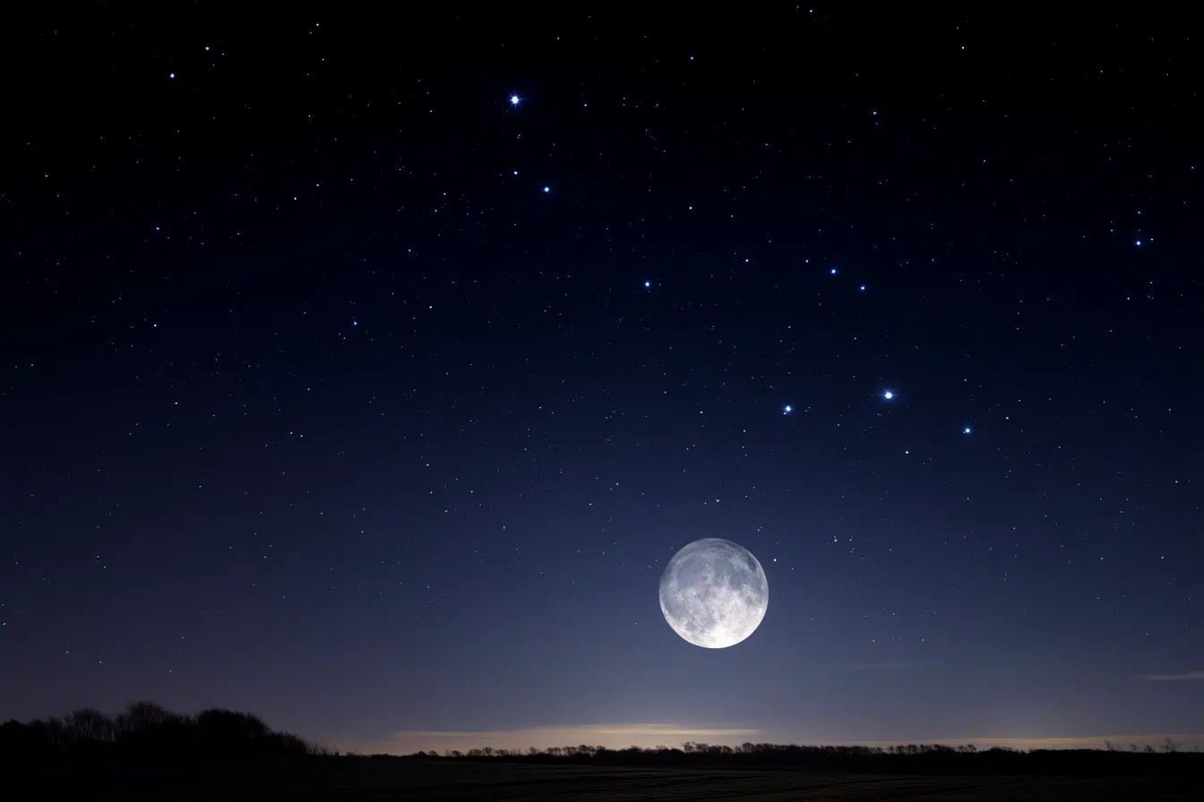 Moon drifting beside the Pleiades star cluster in Taurus,