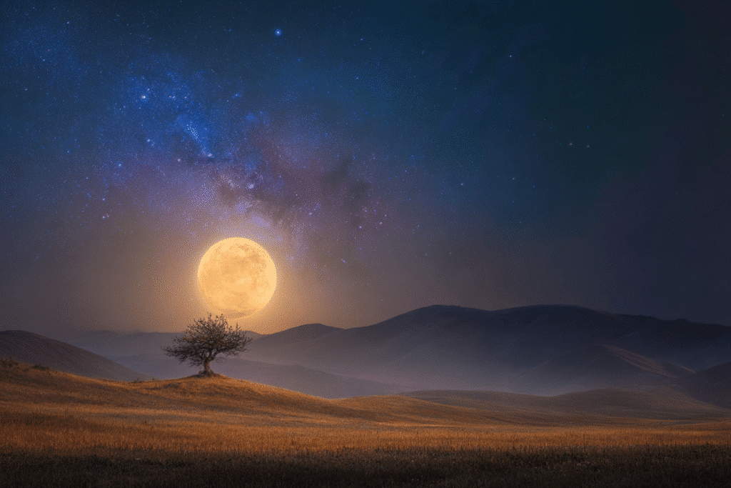 When the Moon Meets the Pleiades (Seven Sisters): November 6, 2025 2 wide field nightscape, Moon rising over quiet hills and a lone tree, Pleiades sparkling above the Moon, natural color grading (golden Moon, sapphire stars), gentle mist near ground, contemplative mood, magazine cover ready, no typography, premium astrophotography style